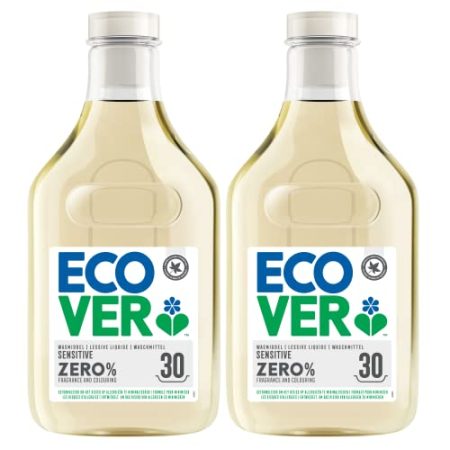 Ecover ZERO Flüssigwaschmittel (2 x 1,5 L/ 60 Waschladungen), Ecover Waschmittel mit pflanzenbasierten Inhaltsstoffen, Sensitiv Waschmittel für Allergiker und empfindliche Haut