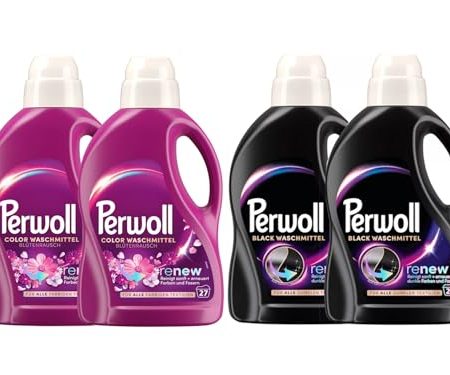 PERWOLL Flüssig-Set 4x 27 Waschladungen (108WL) 2x Black & 2x Color Blütenrausch, Feinwaschmittel-Set reinigt sanft und erneuert Farben und Fasern, mit Dreifach-Renew-Technologie