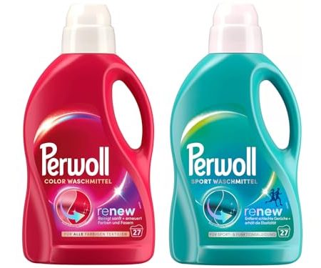 PERWOLL Flüssig-Set 2x 27 Waschladungen (54WL) 1x Color & 1x Sport, Feinwaschmittel erneuert Farben und Fasern & Hygiene Waschmittel, entfernt schlechte Gerüche & erhält die Elastizität