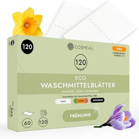 Cosmeau Waschmittel Blätter Frühlingsfrisch - bis zu 120 Waschgänge (60 Blätter) - Nachhaltiges Waschmittel für Weiß, Farbe und Schwarz - Plastikfrei, Abbaubar & Perfektes Reisewaschmittel