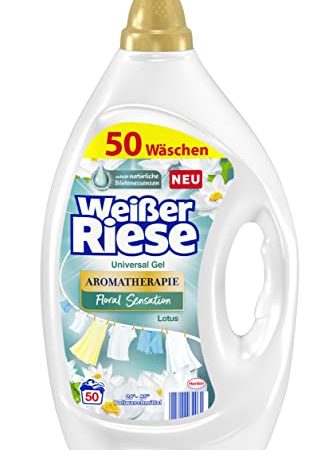 Weißer Riese Universal Gel Aromatherapie Floral Sensation Lotus (50 Waschladungen), Vollwaschmittel für strahlend saubere Wäsche wirkt riesig stark gegen Flecken schon ab 20° C, 100% recycelbar