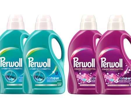 PERWOLL Flüssig-Set 4x 27 Waschladungen (108WL) 2x Color Blütenrausch & 2x Sport, Feinwaschmittel erneuert Farben und Fasern & Hygiene Waschmittel, entfernt schlechte Gerüche