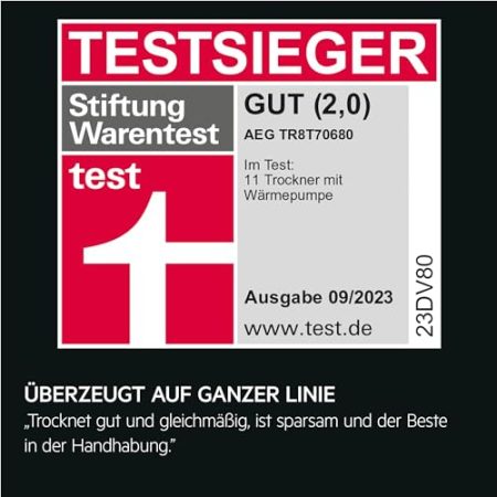 AEG TR8T70680 Wärmepumpentrockner / Serie 8000 mit AbsoluteCare® / Testsieger der Stiftung Warentest / 8,0 kg / A+++ / energiesparend / Mengenautomatik / Knitterschutz / Kindersicherung / Schontrommel