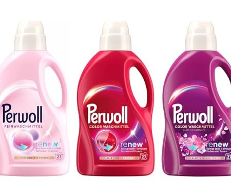 PERWOLL Flüssig-Set 3x 27 Waschladungen (81WL) 1x Color & 1x Color Blütenrausch & 1x Für Wolle & Feines, Feinwaschmittel-Set erneuert Farben, mit Dreifach-Renew-Technologie