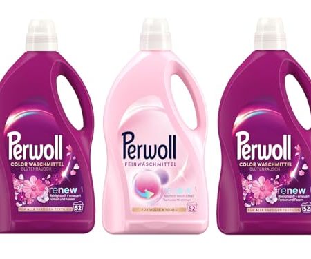 PERWOLL Flüssig-Set 3x 52 Waschladungen (156WL) 2x Color Blütenrausch & 1x Für Wolle & Feines, Feinwaschmittel erneuert Farben und Fasern & Feinwaschmittel glättet und verhindert Knötchen