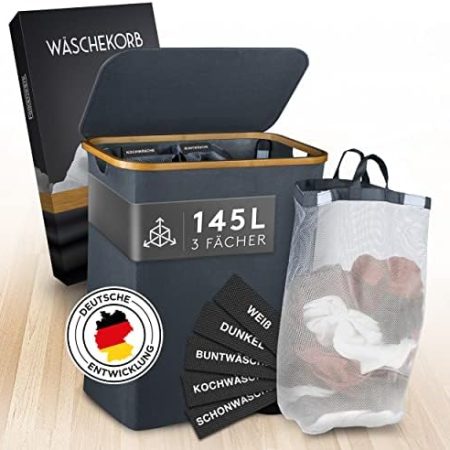 FALKENWERK Wäschekorb mit Deckel 145L - Wasserabweisender Wäschesammler 3 Fächer & herausnehmbaren Wäschesäcke - Faltbare Wäschebox mit Waschhinweisen - Wäschekorb 3 Fächer