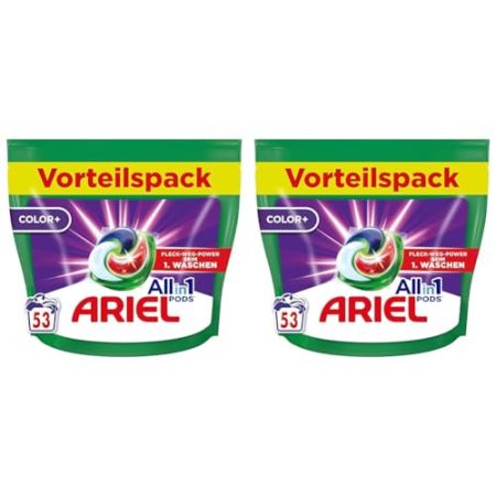 Ariel Allin1 PODS, Flüssigwaschmittel-Kapseln Color+ 53 Waschladungen, Ausgezeichnete Fleckentfernung Beim 1. Waschen (Packung mit 2)