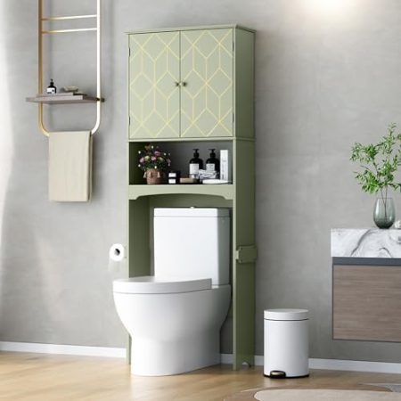 HOLTICO Toilettenregal Waschmaschinenschrank Über-Toiletten-Aufbewahrungsschrank mit Goldverzierung, Badezimmerorganizer über Toilette mit verstellbaren Regalen und Toilettenpapierhalter(Grün)