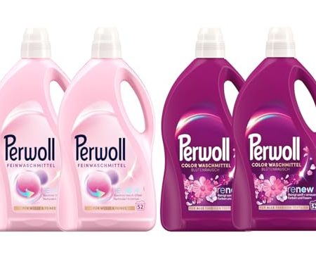 PERWOLL Flüssig-Set 4x 52 Waschladungen (208WL) 2x Color Blütenrausch & 2x Für Wolle & Feines, Feinwaschmittel erneuert Farben und Fasern & Feinwaschmittel glättet und verhindert Knötchen