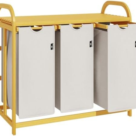 AdelDream Wäschekorb mit Bambusrahmen 150L 3 Fächer Bambus Wäschesammler laundry baskets Bogendesign Wäschesortierer Hellgrau-06-16