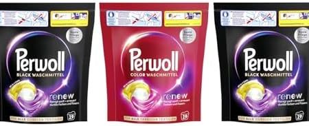 PERWOLL All-in-1 Caps-Set 3x 19 Waschladungen (57WL) 2x Black & 1x Color, All-in-1 Waschmittel Caps-Set reinigen sanft und erneuern Farben & Fasern, mit Dreifach-Renew-Technologie