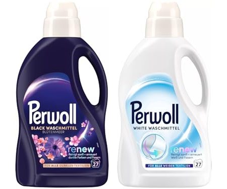 PERWOLL Flüssig-Set 2x 27 Waschladungen (54WL) 1x Black Blütenmeer & 1x White, Feinwaschmittel-Set reinigt sanft und erneuert dunkle Farben/Weiß und Fasern, mit Dreifach-Renew-Technologie