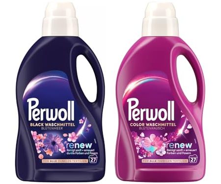 PERWOLL Flüssig-Set 2x 27 Waschladungen (54WL) 1x Black Blütenmeer & 1x Color Blütenrausch, Feinwaschmittel reinigt sanft und erneuert Farben und Fasern, mit Dreifach-Renew-Technologie