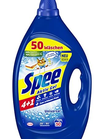 Spee Aktiv Gel Universal 4 + 1 Waschmittel (50 Waschladungen), Flüssigwaschmittel mit 4 + 1 Formel vereint Reinheit, Strahlkraft, Frische & Nachhaltigkeit, 20° - 95° C