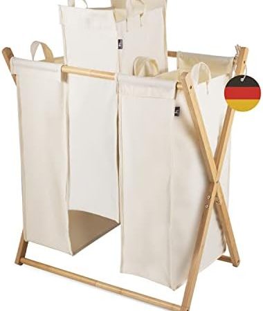 Hennez Wäschesammler XXL - Wäschekorb 3 Fächer - Wäschesortierer Wäschebox - Holz - Wäschetrenner Beige - Wäsche Sortiersystem Bambus - Wäschkorb - Laundry Basket