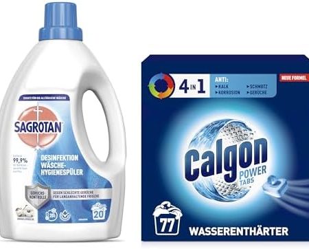 Calgon 4 in 1 Power Tabs - Wasserenthärter gegen Kalkablagerungen - 77 Tabs & Sagrotan Wäsche-Hygienespüler Frisch, Waschmittel-Zusatz - 1,5 L