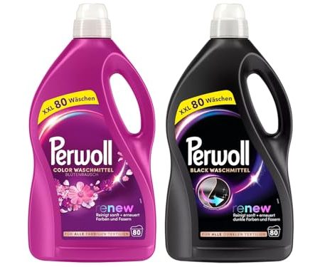 PERWOLL Flüssig-Set 2x 80 Waschladungen (160WL) 1x Black & 1x Color Blütenrausch, Feinwaschmittel-Set reinigt sanft und erneuert Farben und Fasern, mit Dreifach-Renew-Technologie