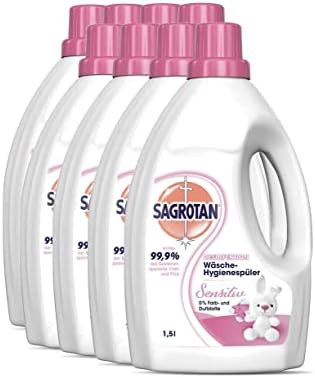 Sagrotan Wäsche-Hygienespüler Sensitiv – Desinfektionsspüler für hygienisch saubere und frische Wäsche – 8 x 1,5 l Reiniger im praktischen Vorteilspack