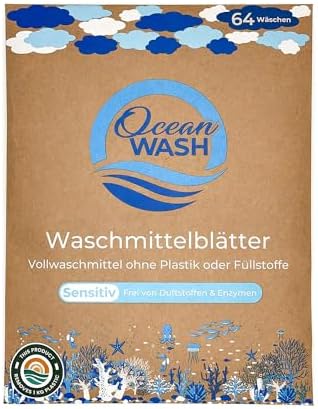 OceanWash Waschmittelblätter Sensitiv, Waschblätter Waschmaschine für alle Textilien und Farben, Waschtücher biologisch abbaubar, Laundry Detergent Sheets Vollwaschmittel, 64 Wäschen