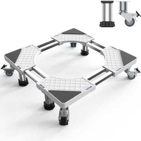 DEWEL 4 Füße + 4 Räder Waschmaschine Untergestell für Kühlschrank Verstellbare Waschmaschinensockel für Trockner, Bärenlast 500kg, Untergestell Einstellbare Breite 47-67cm, Höhe 13.5cm