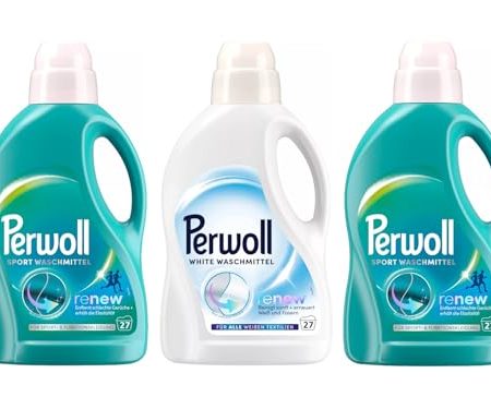 PERWOLL Flüssig-Set 3x 27 Waschladungen (81WL) 2x Sport & 1x White, Hygiene Waschmittel reinigt sanft, entfernt schlechte Gerüche & Feinwaschmittel erneuert Weiß und Fasern