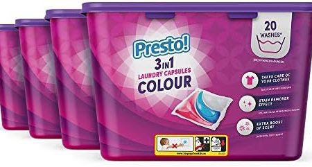 Amazon-Marke: Presto! Colour Wäschekapseln 3-in-1, Frisch, 80 Waschgänge (4 Packungen mit 20 Waschgänge)