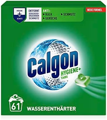 Calgon Hygiene+ Tabs – Schutz vor Kalkablagerungen und Schmutz – Wasserenthärter mit Hygieneschutz für die Waschmaschine – 1 x 61 Tabs Unparfümiert