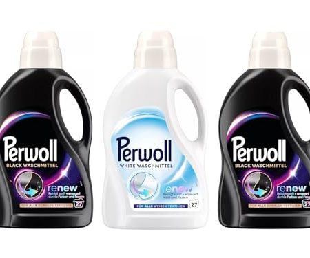 PERWOLL Flüssig-Set 3x 27 Waschladungen (81WL) 2x Black & 1x White, Feinwaschmittel-Set reinigt sanft und erneuert dunkle Farben/Weiß und Fasern, mit Dreifach-Renew-Technologie