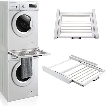 [en.casa] Verbindungsrahmen für Waschmaschine/Trockner Zwischenbaurahmen mit ausziehbarer Handtuchhalter aus Stahl Universell für alle Marken mit Breite von 60cm Weiß
