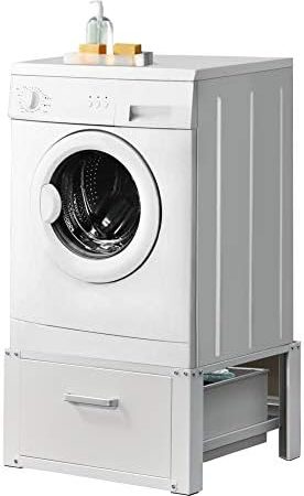 [en.casa] Waschmaschinen-Untergestell mit Schublade gummierte Füße Waschmaschinen-Unterschrank Sockel max. bis 150kg Stahl Podest 63x54x31cm Weiß