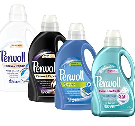 Perwoll Waschmittel Großpackung 4er Mix (1x Sport, 1x Schwarz, 1x Care&Refresh, 1x Weiß) 4x24 Waschladungen