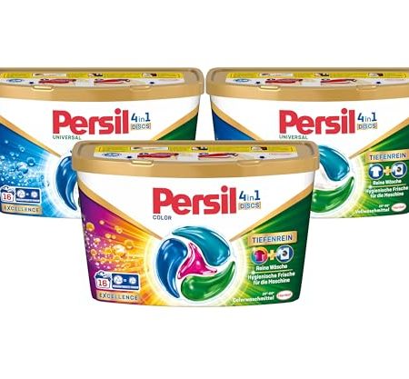 Persil Set 2x Universal & 1x Color 4in1 DISCS 48 Waschladungen (3x 16WL), Vollwaschmittel & Color Waschmittel Tiefenrein, für reine Wäsche und hygienische Frische für die Maschine