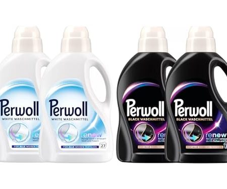 PERWOLL Flüssig-Set 4x 27 Waschladungen (108WL) 2x Black & 2x White, Feinwaschmittel-Set reinigt sanft und erneuert dunkle Farben/Weiß und Fasern, mit Dreifach-Renew-Technologie