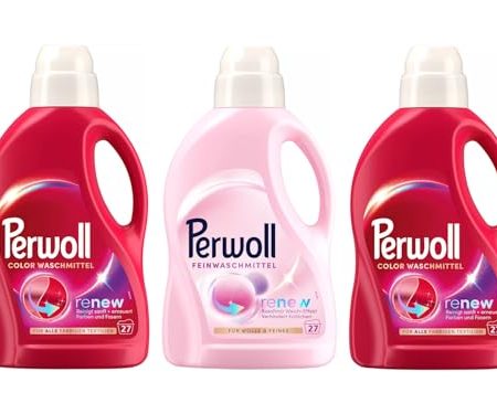 PERWOLL Flüssig-Set 3x 27 Waschladungen (81WL) 2x Color & 1x Für Wolle & Feines, Feinwaschmittel erneuert Farben und Fasern & Feinwaschmittel glättet und verhindert Knötchen