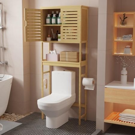 unho Toilettenregal Bambus, Badezimmerregal mit Schrank, Waschmaschinenschrank Überschrank mit Flügeltüren, inklusive Kippschutz, 63x26x174cm