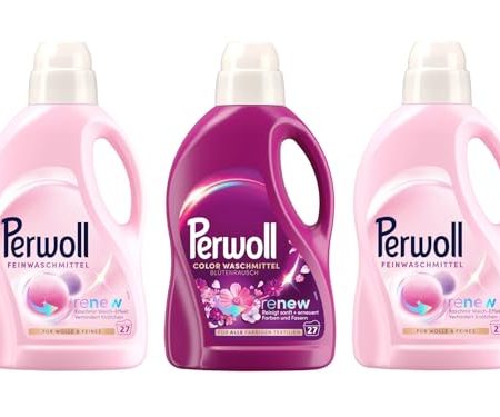 PERWOLL Flüssig-Set 3x 27 Waschladungen (81WL) 1x Color Blütenrausch & 2x Für Wolle & Feines, Feinwaschmittel erneuert Farben und Fasern & Feinwaschmittel glättet und verhindert Knötchen