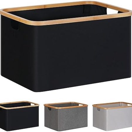 efluky Faltbarer Wäschekorb 60L, Bambus Stoff Faltbarer Storage Basket, Aufbewahrung Klappbar Wäschekorb, Laundry Baskets für Schlafzimmer Badezimmer (Black)