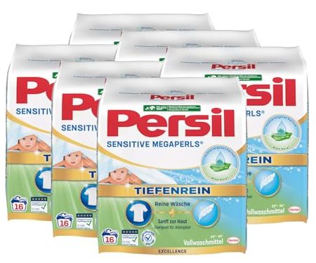 Persil Sensitive Megaperls Tiefenrein 96 Waschladungen (6x 16WL), Waschmittel für Allergiker mit beruhigender Aloe vera für sensible Haut, effektiv von 20 °C bis 95 °C, ECARF-zertifiziert