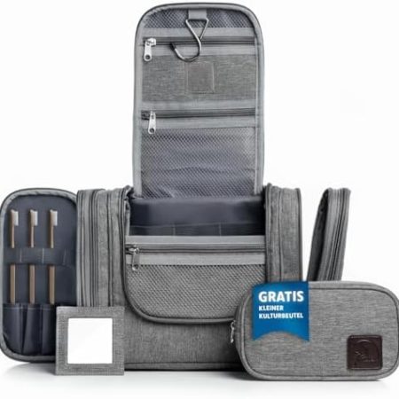 Obics Kulturbeutel Herren & Damen Gross grau 8L XXL - Kulturtasche zum Aufhängen & mit Spiegel - Toiletten-Tasche mit Henkel hängend - Kosmetik-Beutel - Waschtasche 10 Fächer für Camping Reisen