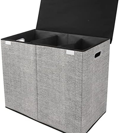 Zonovi Wäschekorb – 3 Fächer mit Deckel – Faltbar – Wäschesortierer – Doppelter Wäschekorb – Laundry Basket – Wäschebox – Organizer Kleidung – Stoff – Grau – 110 Liter