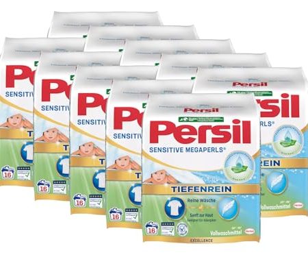 Persil Sensitive Megaperls Tiefenrein 160 Waschladungen (10x 16WL), Waschmittel für Allergiker mit beruhigender Aloe vera für sensible Haut, effektiv von 20 °C bis 95 °C, ECARF-zertifiziert