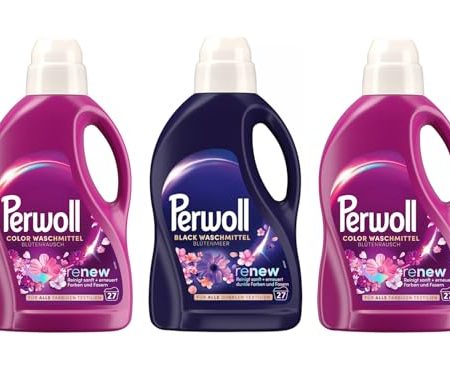 PERWOLL Flüssig-Set 3x 27 Waschladungen (81WL) 1x Black Blütenmeer & 2x Color Blütenrausch, Feinwaschmittel reinigt sanft und erneuert Farben und Fasern, mit Dreifach-Renew-Technologie