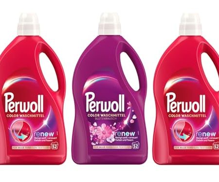 PERWOLL Flüssig-Set 3x 52 Waschladungen (156WL) 2x Color & 1x Color Blütenrausch, Feinwaschmittel-Set reinigt sanft und erneuert Farben und Fasern, mit Dreifach-Renew-Technologie