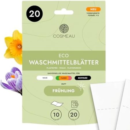 Cosmeau Waschmittel Blätter Frühlingsfrisch - bis zu 20 Waschgänge (10 Blätter) - Nachhaltiges Waschmittel für Weiß, Farbe und Schwarz - Plastikfrei, Abbaubar & Perfektes Reisewaschmittel