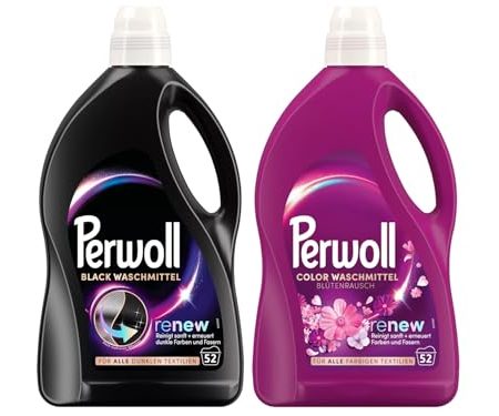 PERWOLL Flüssig-Set 2x 52 Waschladungen (104WL) 1x Black & 1x Color Blütenrausch, Feinwaschmittel-Set reinigt sanft und erneuert Farben und Fasern, mit Dreifach-Renew-Technologie