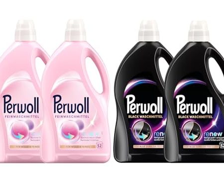 PERWOLL Flüssig-Set 4x 52 Waschladungen (208WL) 2x Black & 2x Für Wolle & Feines, Feinwaschmittel erneuert Farben und Fasern & Feinwaschmittel glättet und verhindert Knötchen