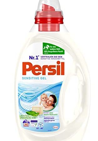 Persil Sensitive Gel (20 Waschladungen), ECARF-zertifiziertes Sensitive Waschmittel für Allergiker und sensible Haut, duftet nach Aloe Vera & natürlicher Seife, 20 °C - 95 °C, 1l