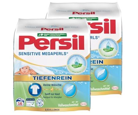 Persil Sensitive Megaperls Tiefenrein 32 Waschladungen (2x 16WL), Waschmittel für Allergiker mit beruhigender Aloe vera für sensible Haut, effektiv von 20 °C bis 95 °C, ECARF-zertifiziert