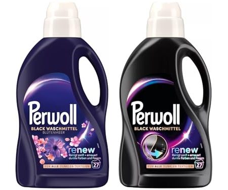 PERWOLL Flüssig-Set 2x 27 Waschladungen (54WL) 1x Black & 1x Black Blütenmeer, Feinwaschmittel-Set reinigt sanft und erneuert dunkle Farben und Fasern, mit Dreifach-Renew-Technologie