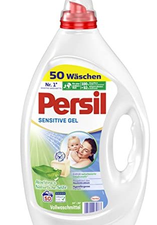 Persil Sensitive Gel (50 Waschladungen), Flüssigwaschmittel für Allergiker & Babys, mit beruhigender Aloe vera für sensible Haut, effektiv von 20 °C bis 95 °C